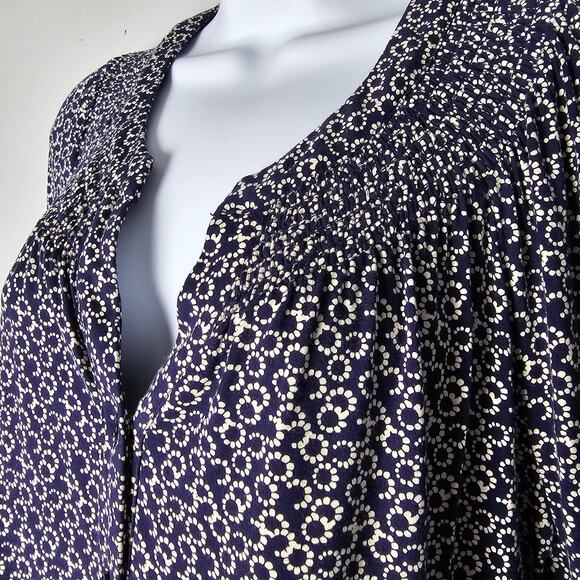 Boden Navy Floral Blouse US 12 Smocked Neck Long Sleeve Viscose Top WorkCore - Picture 2 of 11